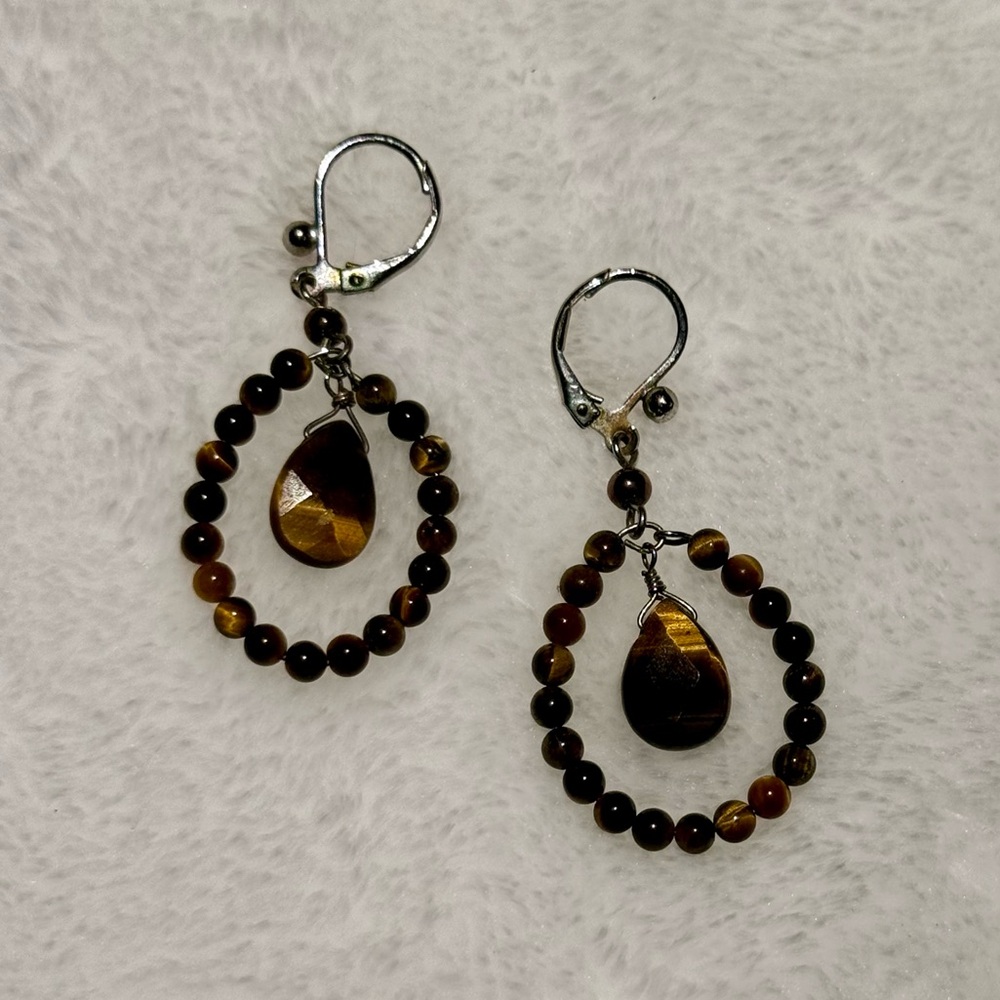 Tigers Eye Beaded Loop Drop Earrings 1.75”